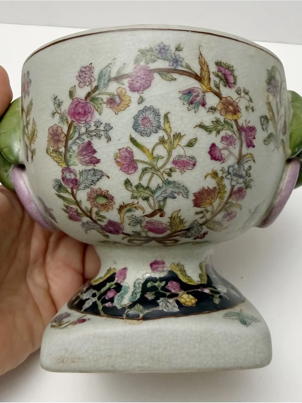 Vintage Chinese Floral Porcelain Lidded Pedestal Footed Small Urn Crackle Finish